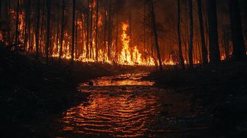 A forest fire rages, casting an orange glow on a flowing stream. The intense flames illuminate the dark, bare trees in a dramatic and hazardous scene. photo