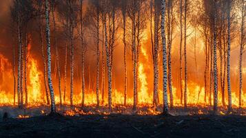 Inferno engulfs birch forest, painting the sky with flames and smoke. This dramatic scene captures the destructive power of wildfire against the stark beauty of leafless trees. photo