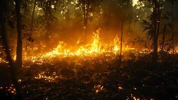 Forest fire engulfs trees and undergrowth with intense flames. photo