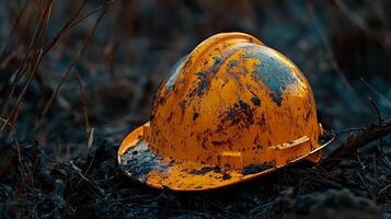 A discarded yellow hard hat lies covered in dirt and debris on the ground. The image captures a scene of abandonment and the harsh realities of manual labor. photo