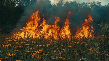 A controlled grassland fire burns with vibrant orange flames against a backdrop of trees and smoke. The foreground features a field of yellow wildflowers, partially engulfed by the blaze. photo