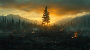 Dramatic sunset over a forest fire with silhouettes of burnt trees and glowing embers. photo