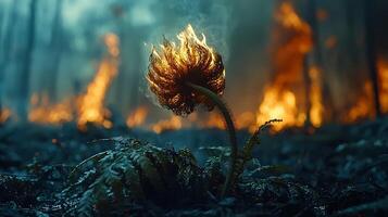 A solitary burning flower emerges from a smoldering forest floor. The vibrant flames illuminate the surrounding darkness, highlighting the delicate structure of the plant amidst the devastation. photo