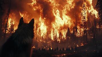 A lone wolf watches a forest fire engulf the trees, with silhouettes of people observing the scene. photo