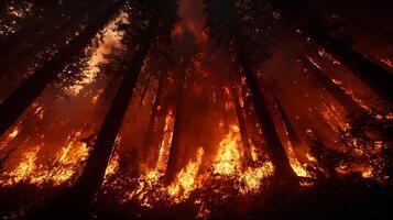 A forest ablaze with intense wildfire flames, viewed from below looking up through the burning trees. photo