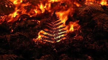 A solitary fern is silhouetted against a blazing fire. The vibrant flames illuminate the surrounding dry leaves and undergrowth, creating a dramatic contrast. photo