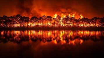 A forest engulfed in flames creates a dramatic reflection on the water. This image captures the intense heat and destruction of a wildfire. photo