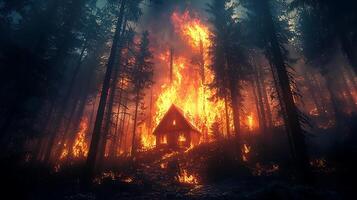 A solitary wooden cabin engulfed in a raging forest fire, surrounded by tall, dark trees. The flames cast an ominous orange glow, creating a dramatic and unsettling scene. photo