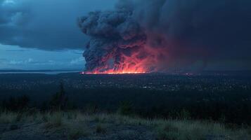 Massive wildfire engulfs forest and encroaches on a populated town at dusk. This dramatic scene captures the immense power and destructive nature of uncontrolled flames. photo