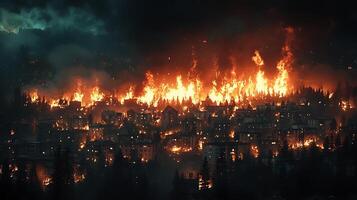 A city is engulfed in flames, with a wildfire raging through the surrounding trees and buildings. Smoke billows into the night sky, creating an apocalyptic scene. photo