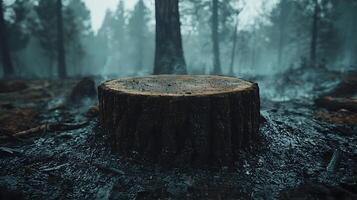 Smoldering forest scene with a prominent burnt tree stump. A thick mist or smoke hangs in the air, obscuring the background trees. photo