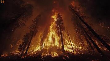 A forest burns intensely, with flames engulfing trees and smoke filling the sky. The scene depicts the destructive power of a wildfire from a low angle perspective. photo