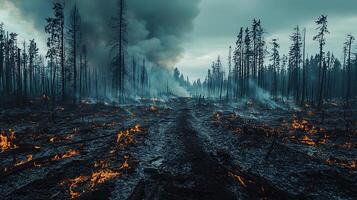 Devastating Forest Fire with Smoke and Embers. This image captures the raw power and destructive nature of a wildfire engulfing a forest, leaving behind a scene of charred trees and smoldering embers. photo