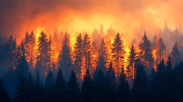 Devastating wildfire engulfs a dense pine forest, painting the sky with intense orange flames. This dramatic scene captures the destructive power of nature as flames consume the trees. photo