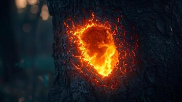 Close up of a burning tree trunk with glowing embers within a hollow. This image captures the raw power of nature and transformation. photo