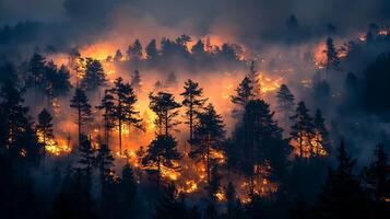 Forest fire raging through pine trees at night. Flames and smoke illuminate the dark forest. photo