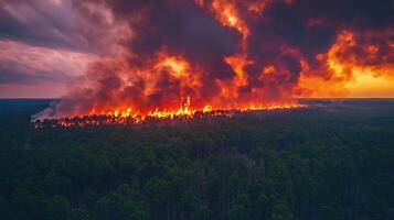 Aerial view of a raging forest fire at sunset, engulfing trees in flames under a dramatic sky. photo