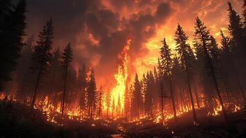 Intense wildfire raging through a dense forest at sunset, illuminating the sky with dramatic flames and smoke. photo