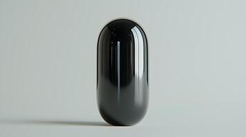A single, sleek, black capsule stands upright against a light gray background, reflecting subtle highlights. photo