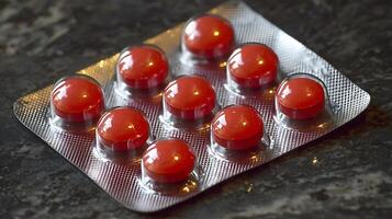 A close up of a blister pack with red tablets on a dark speckled surface. photo