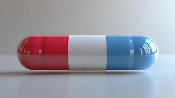 A Pharmaceutical Capsule with Red, White, and Blue Segments. This image highlights a single medication pill designed with distinct color bands. photo