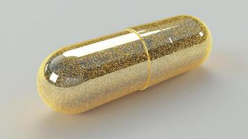 Luxurious Golden Capsule with Glitter. This image depicts a single, sparkling gold capsule that represents luxury and preciousness. photo