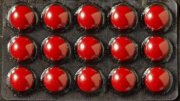 Close up of red pills in blister pack. This image captures the detailed texture and shiny surface of the medication. photo