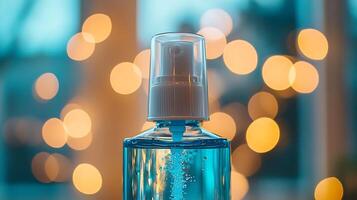 Close up of a transparent bottle filled with blue liquid and bubbles, with a blurred background of warm bokeh lights. photo