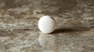 A single white pill rests on a textured, reflective surface, symbolizing health and medical treatment. photo