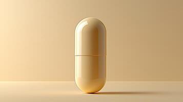 A single, smooth, golden capsule stands centered against a warm, neutral background. The studio lighting highlights its curved form and subtle sheen. photo