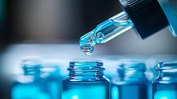 A precise drop of blue liquid falls from a scientific dropper into a row of glass vials. photo