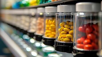 Close up of brightly colored pills in clear dispensers on a shelf. photo