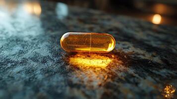 Translucent capsule filled with golden liquid and shimmering particles rests on a textured surface. photo