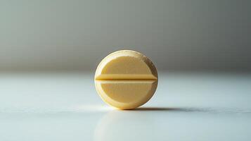 Macro shot of a single yellow pill with a dividing line. This detailed image showcases the texture and form of a pharmaceutical capsule. photo