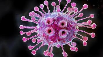 Microscopic view of a virus with spiked protein protrusions. This detailed rendering showcases the complex structure of a pathogenic microbe. photo