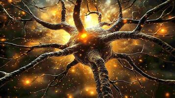 The intricate network of a glowing neuron with vibrant energy sparks. This detailed depiction captures the complex beauty of the human nervous system. photo