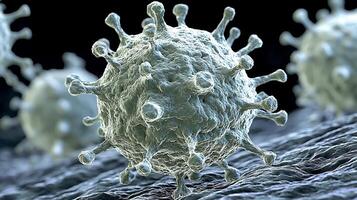 Microscopic View of a Coronavirus Particle. This image showcases the intricate details of a pathogen's surface structure with its characteristic spike proteins. photo