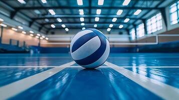 A detailed shot of a blue and white volleyball on a polished court. The image captures the essence of indoor sports and athletic competition with a shallow depth of field. photo