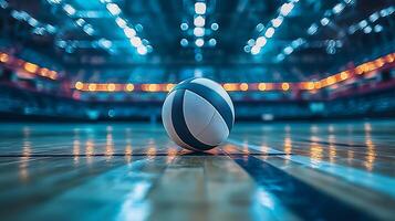 A volleyball rests on a polished wooden court, illuminated by the bright, blurred lights of a stadium. photo