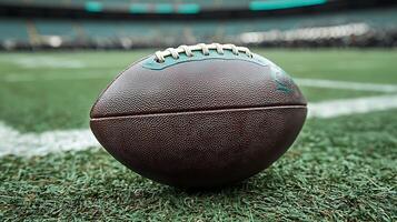 American football resting on a grass field with stadium seating blurred in the background. photo