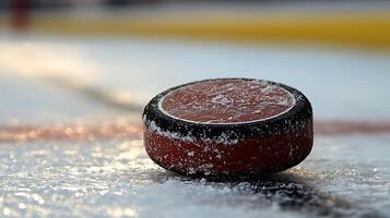 Close-up of a frosty hockey puck resting on ice. The puck is covered in a delicate layer of frost, highlighting the texture and detail of the frozen surface. photo