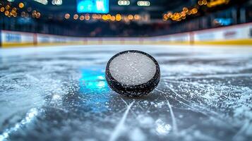 Extreme close up of a frozen hockey puck on ice with blurred rink lights in the background. This image captures the intensity and cold atmosphere of an ice hockey game. photo