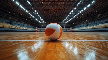 A lone volleyball rests on the gleaming wooden court of an empty stadium, awaiting the start of a match. The overhead lights cast a dramatic glow across the grandstand seating. photo