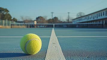 Close up of a tennis ball resting on the court's service line. The background shows a blurred tennis court with a net and building. photo