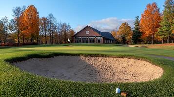 Stunning autumn golf course scene featuring a bunker, green, and clubhouse surrounded by vibrant fall foliage. A golf ball rests in the foreground, inviting a perfect shot on a beautiful day. photo