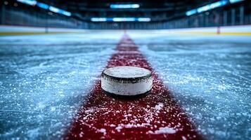 Close-up of a hockey puck resting on the ice rink red line, ready for a game. photo