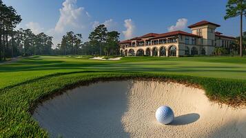 A golf ball sits in a sand trap on a manicured golf course with a luxury clubhouse in the background under a blue sky. photo