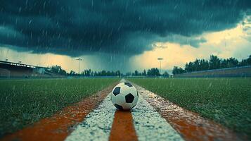 A lone soccer ball sits on a wet field under a stormy sky with heavy rain falling. photo