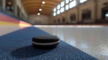 Curling Stone on the Ice Arena Close Up. This image captures the detail of a curling stone positioned on the textured ice surface of an arena. photo