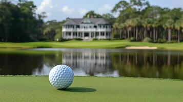 A Golf Ball on the Green with a Clubhouse and Water Feature. photo